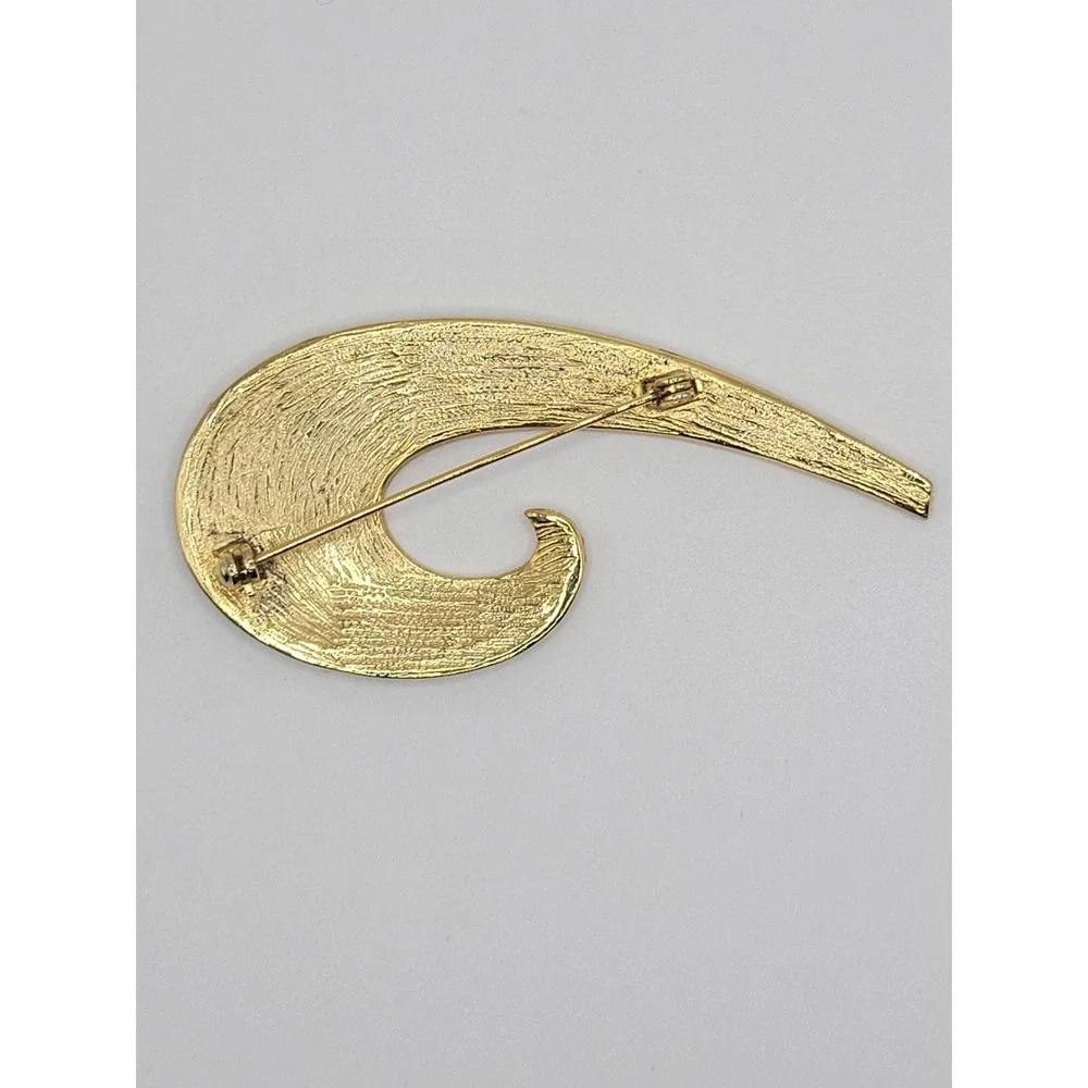 Vintage Gold Tone Abstract Swirl Brooch Burgundy Red‎ Black Enamel Wave Pin